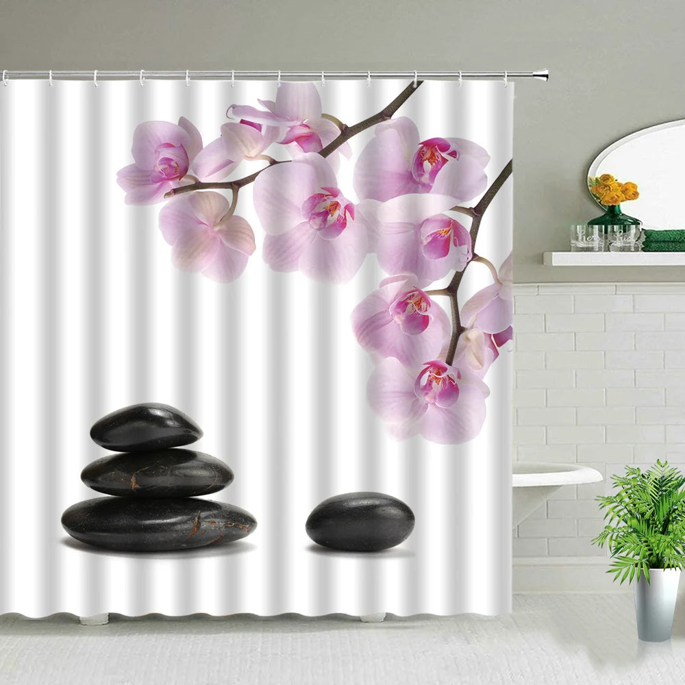 Zen Stone Flower Plant Landscape Shower Curtains