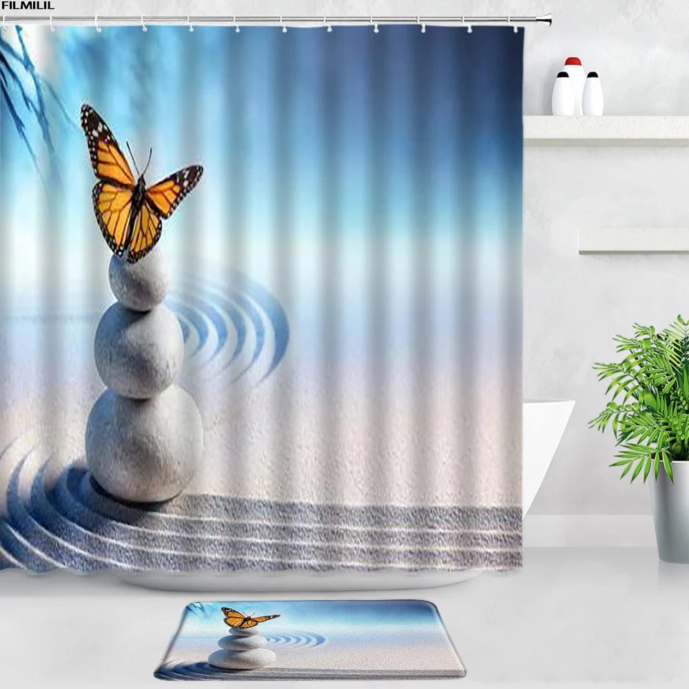 Black White Zen Stone Shower Curtains Bath Mats Set