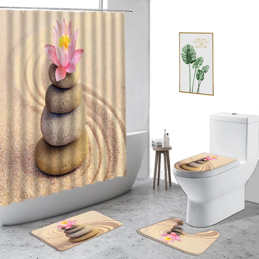 Beach Zen Stone Lotus Shower Curtain Home Bathroom Set