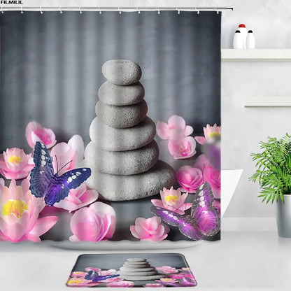 Black White Zen Stone Shower Curtains Bath Mats Set