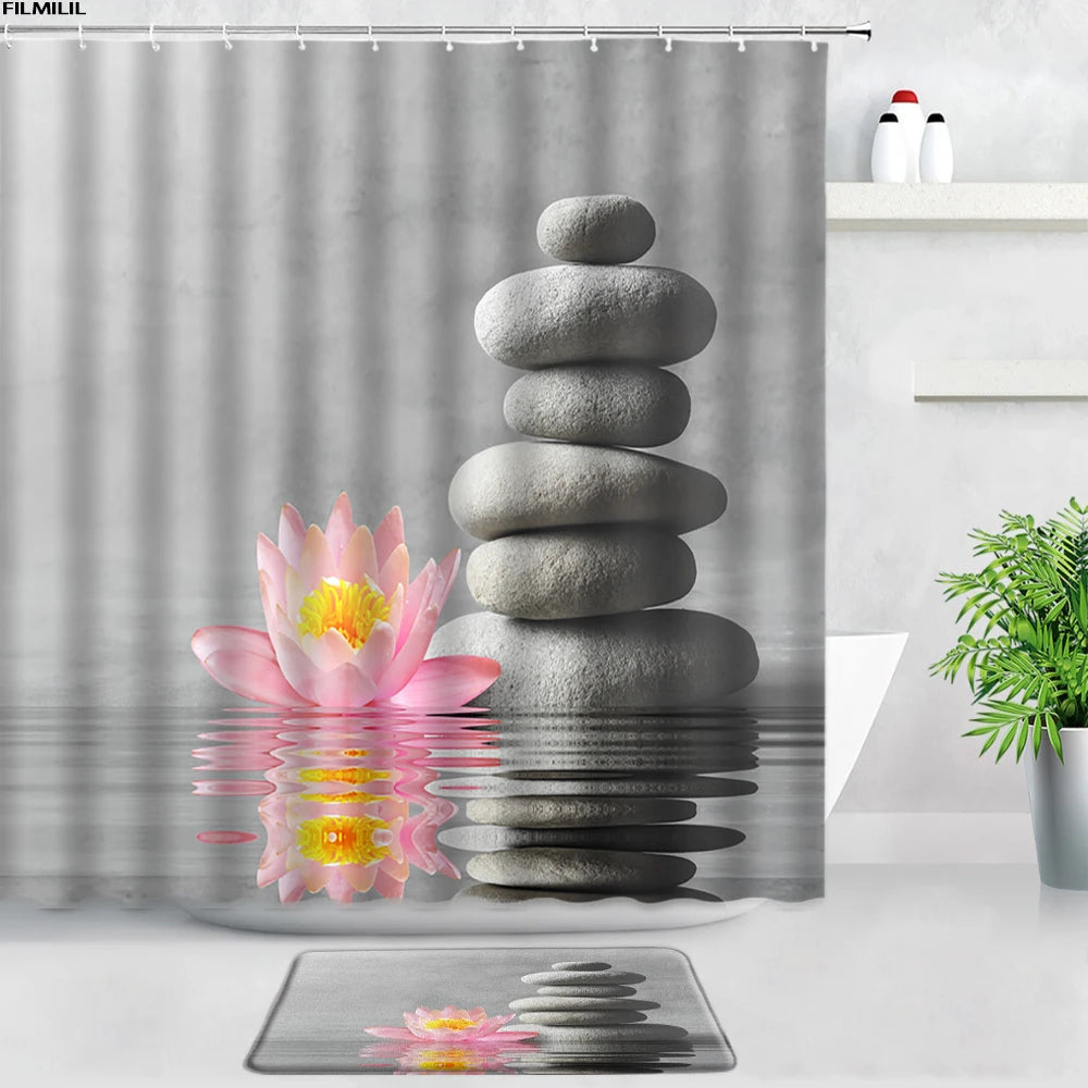 Black White Zen Stone Shower Curtains Bath Mats Set