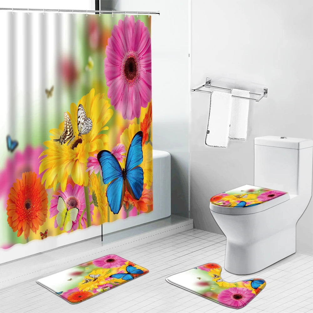 Zen Stone Flowers Butterfly Scenery Shower Curtain