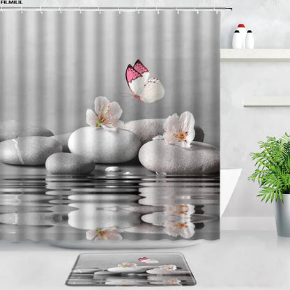 Black White Zen Stone Shower Curtains Bath Mats Set