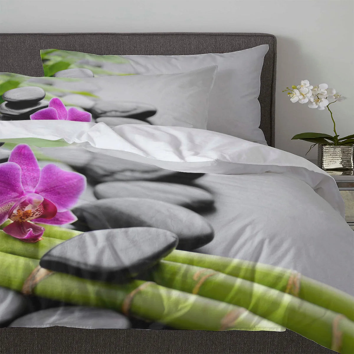 Green Bamboo Flower Stone Zen 3pcs Duvet Cover Set with Pillow