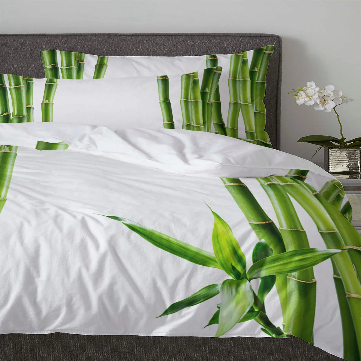 Green Bamboo Zen Plant White 3pcs Duvet Cover Set with Pillow Case Double Comforter Bedding Set