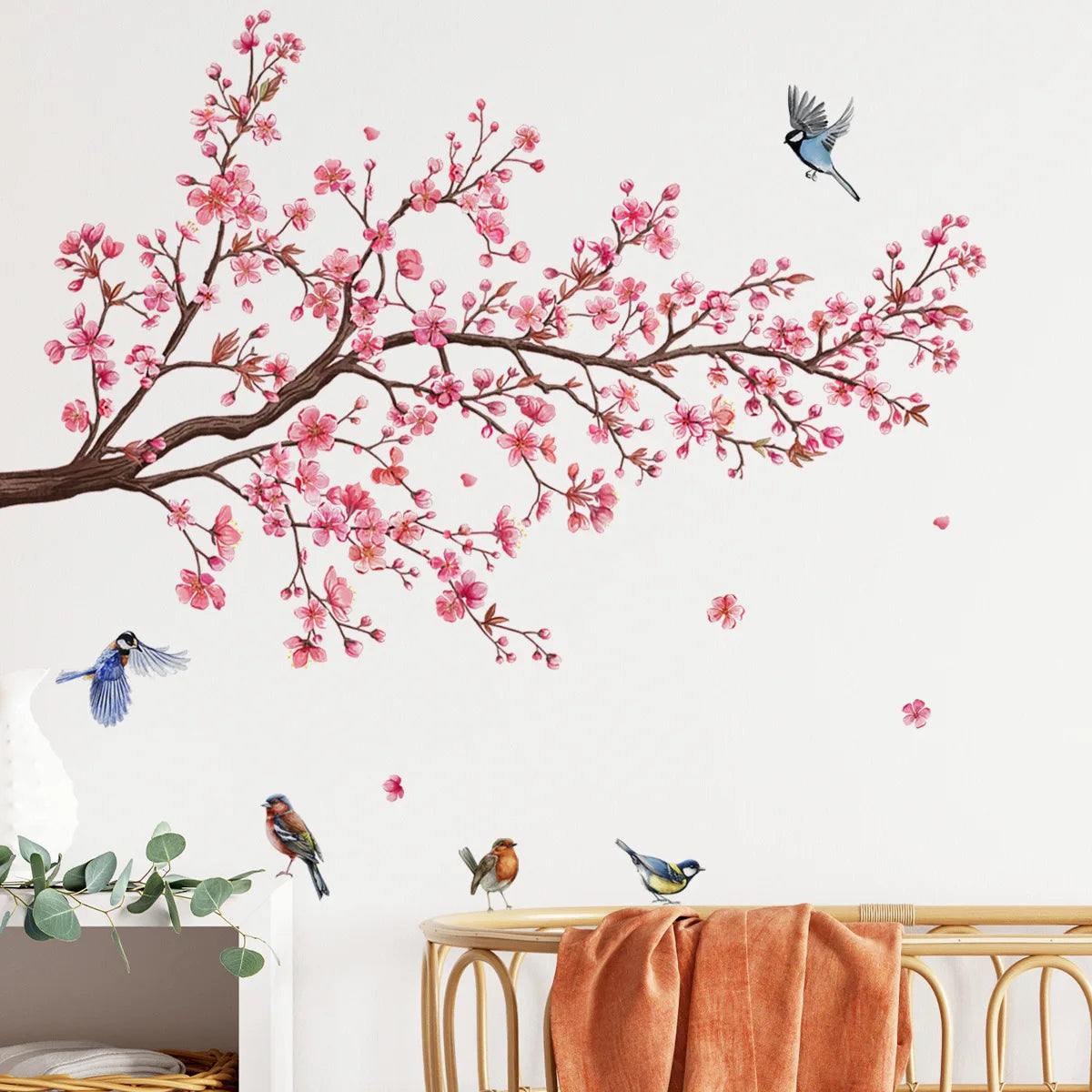 Wall Stickers Pink Plum Tree Birds Home Room Decoration