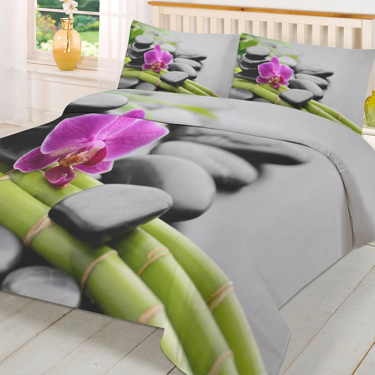 Green Bamboo Flower Stone Zen 3pcs Duvet Cover Set with Pillow