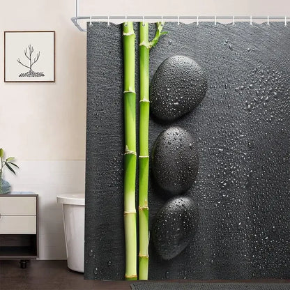 Spa Zen Garden Theme Stone and Green Bamboo on Black Shower Curtain Set