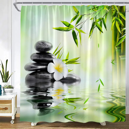 Zen Green Bamboo Shower Curtains Butterfly Orchid Black Stone