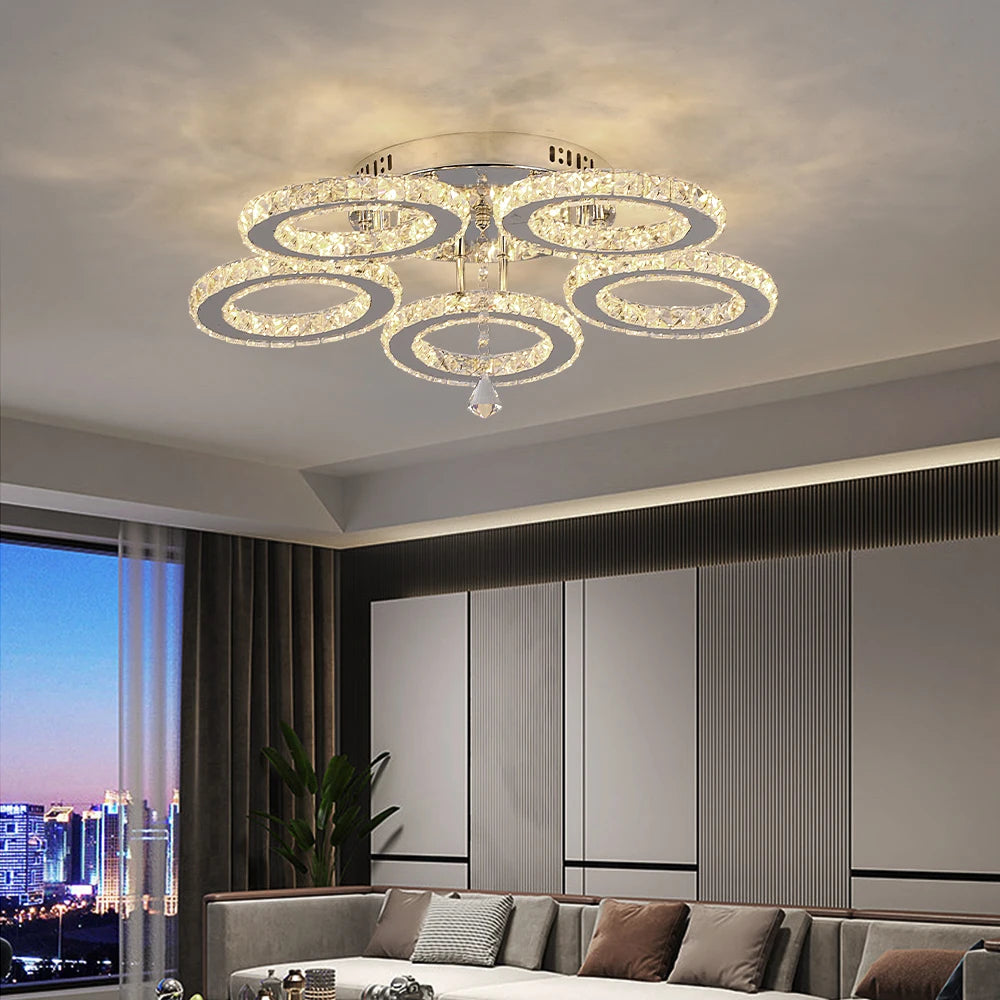 Crystal 5-Ring Fan Light Living Room Ceiling