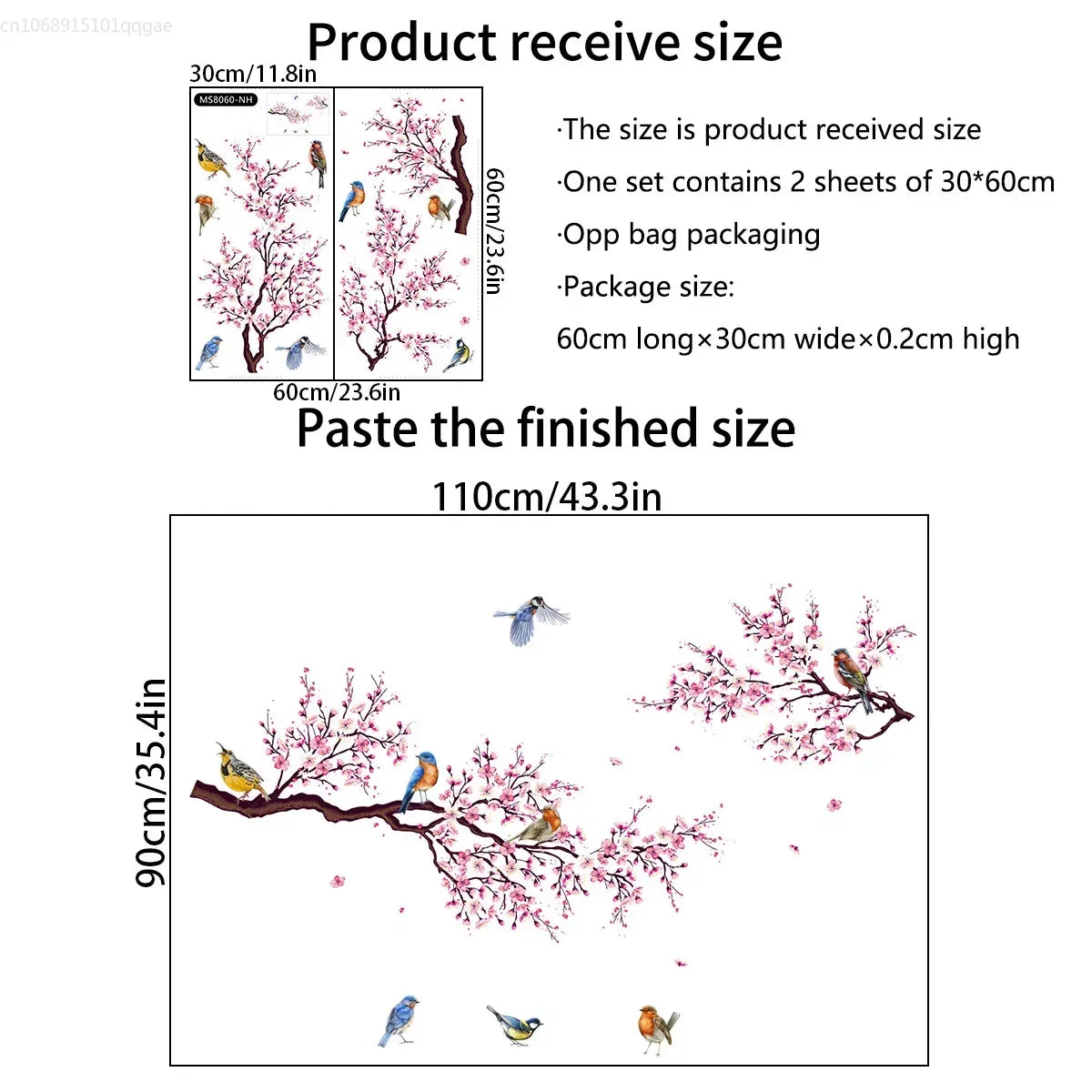 Wall Stickers Pink Plum Tree Birds Home Room Decoration