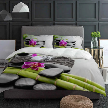 Green Bamboo Flower Stone Zen 3pcs Duvet Cover Set with Pillow