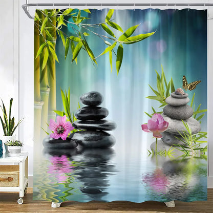 Zen Green Bamboo Shower Curtains Butterfly Orchid Black Stone