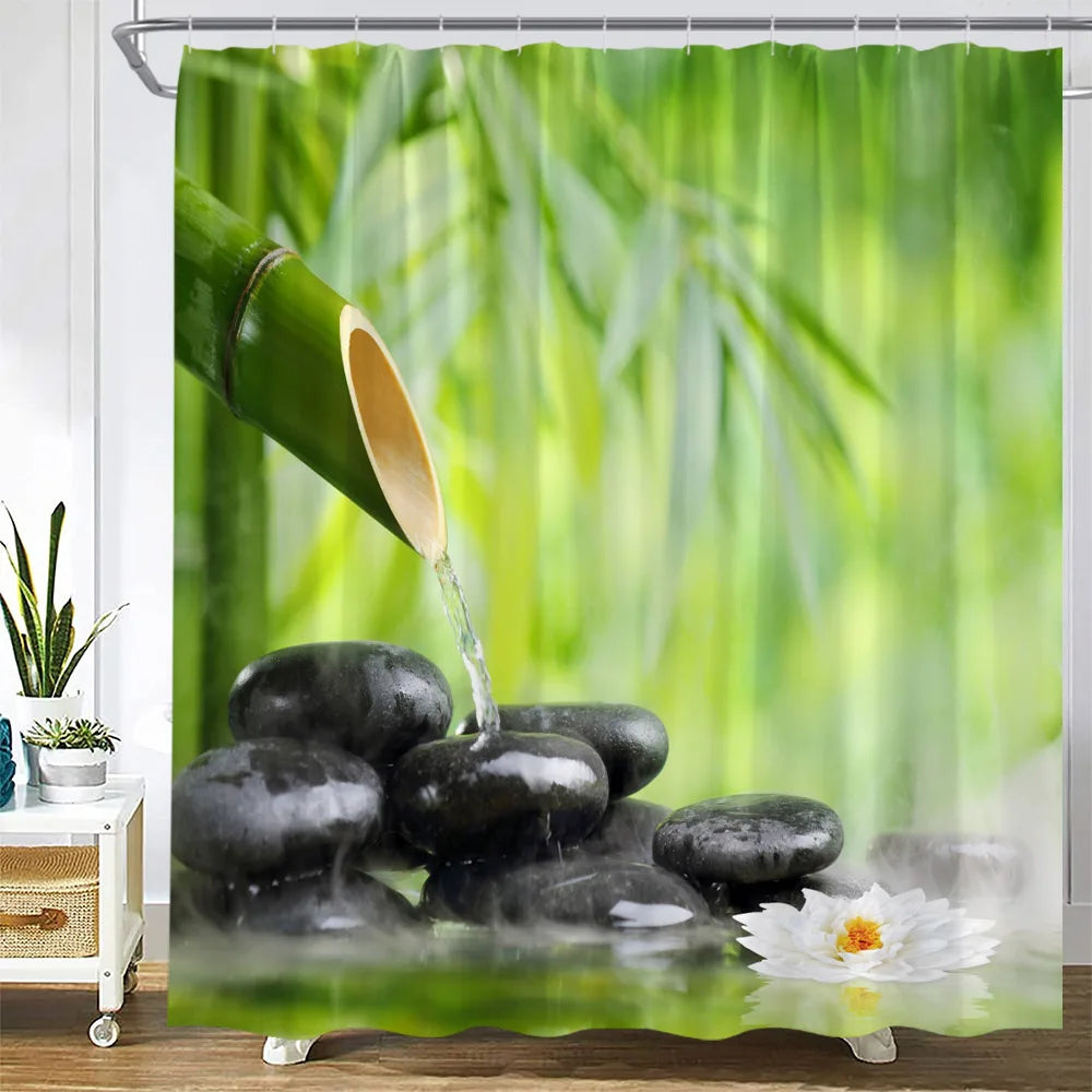 Zen Green Bamboo Shower Curtains Butterfly Orchid Black Stone