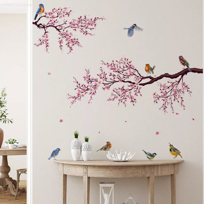 Wall Stickers Pink Plum Tree Birds Home Room Decoration