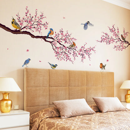 Wall Stickers Pink Plum Tree Birds Home Room Decoration