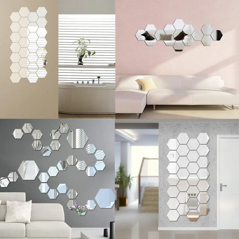 6/12Pcs Hexagon Acrylic Mirror Wall Stickers Home Decor