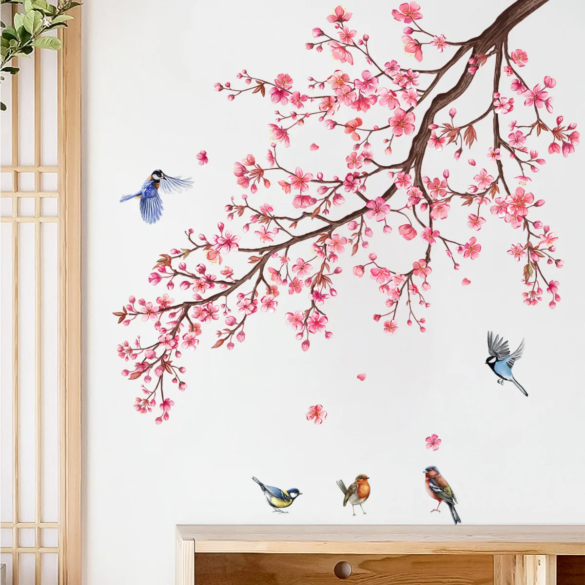 Wall Stickers Pink Plum Tree Birds Home Room Decoration