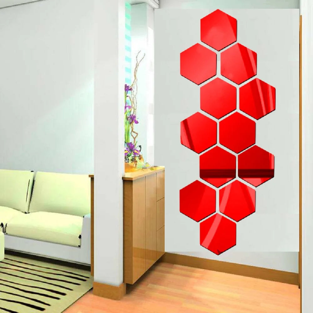 6/12Pcs Hexagon Acrylic Mirror Wall Stickers Home Decor