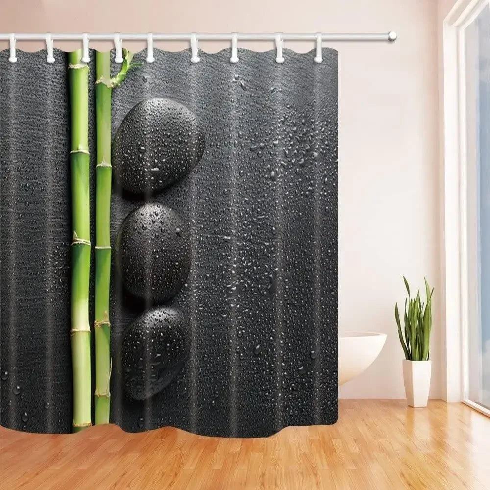 Spa Zen Garden Theme Stone and Green Bamboo on Black Shower Curtain Set