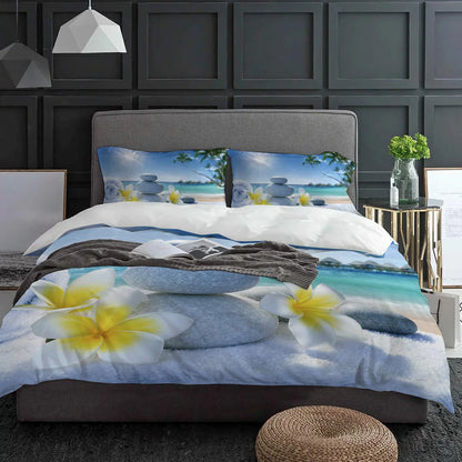 Zen Stones Flowers Tropical Ocean Duvet Cover