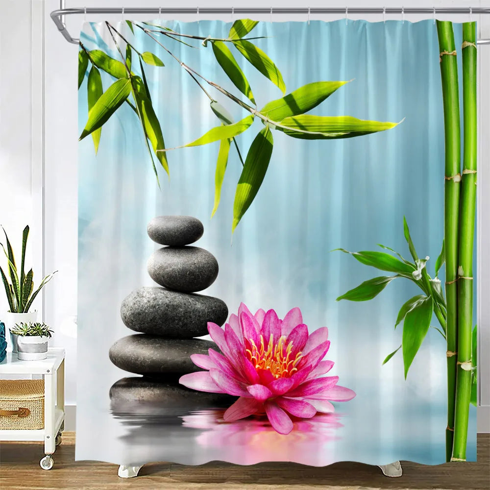 Zen Green Bamboo Shower Curtains Butterfly Orchid Black Stone