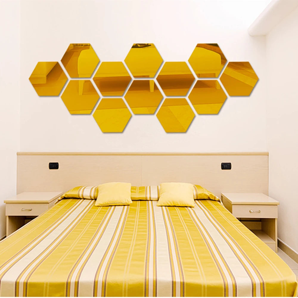 6/12Pcs Hexagon Acrylic Mirror Wall Stickers Home Decor