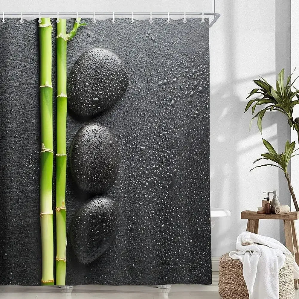 Spa Zen Garden Theme Stone and Green Bamboo on Black Shower Curtain Set