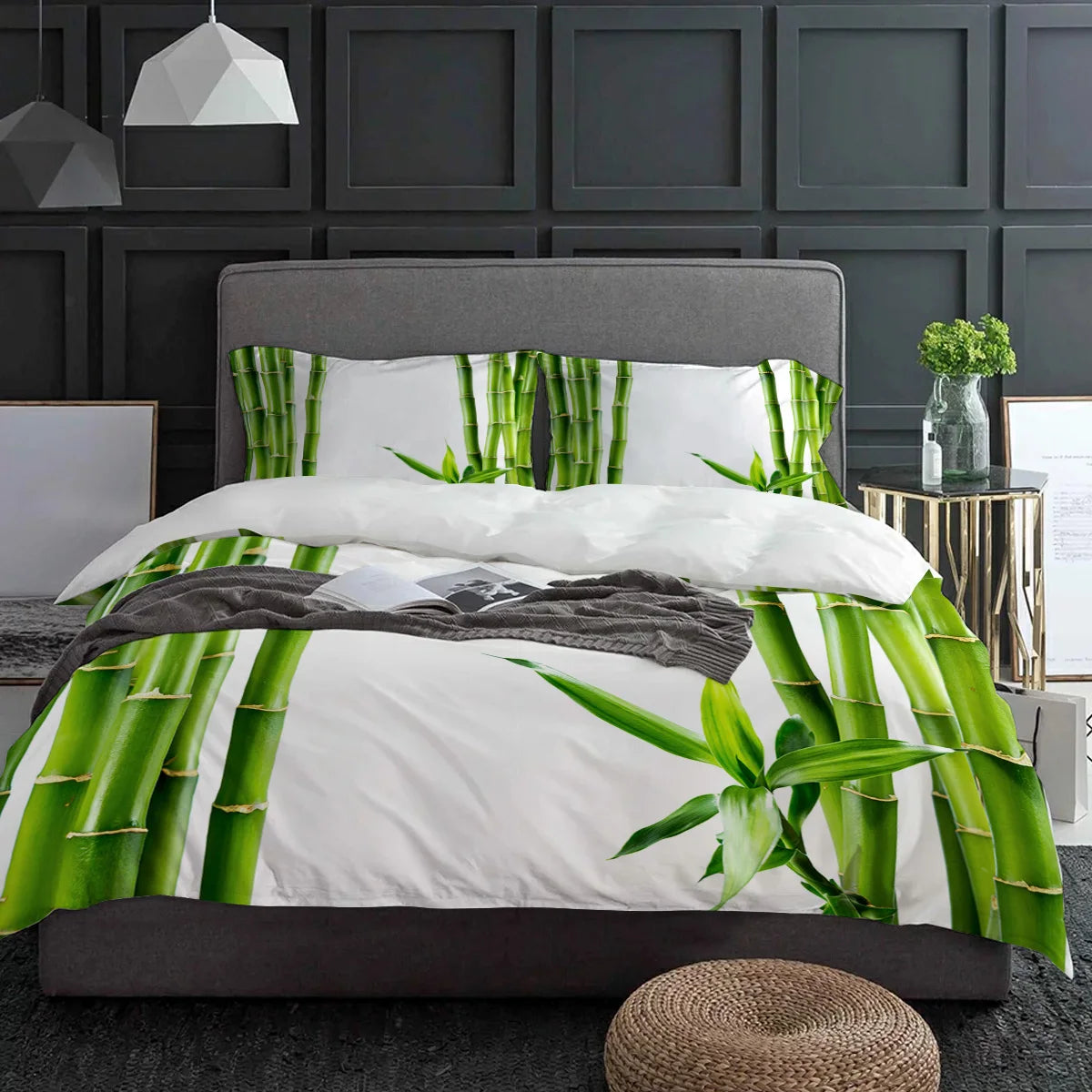 Green Bamboo Zen Plant White 3pcs Duvet Cover Set with Pillow Case Double Comforter Bedding Set