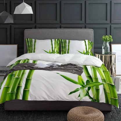 Green Bamboo Zen Plant White 3pcs Duvet Cover Set with Pillow Case Double Comforter Bedding Set