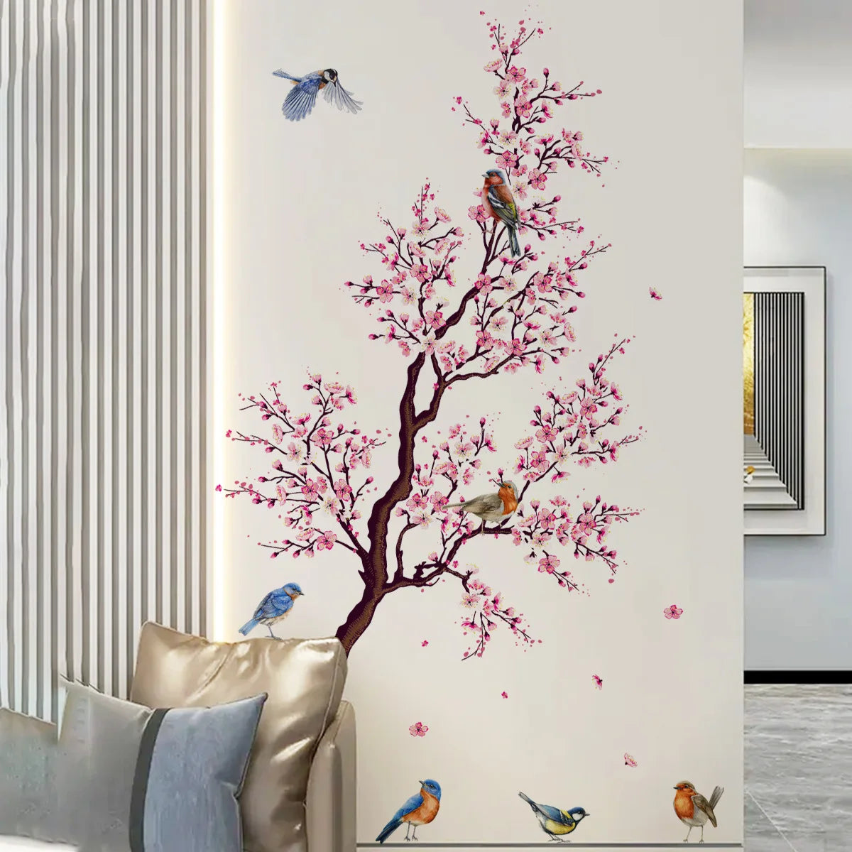 Wall Stickers Pink Plum Tree Birds Home Room Decoration