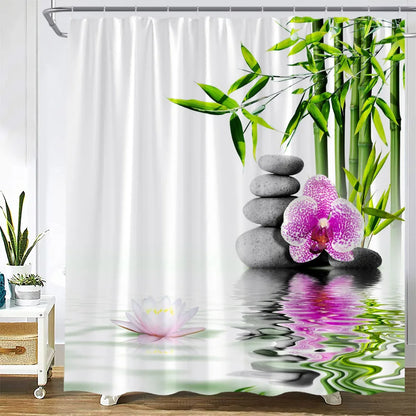 Zen Green Bamboo Shower Curtains Butterfly Orchid Black Stone