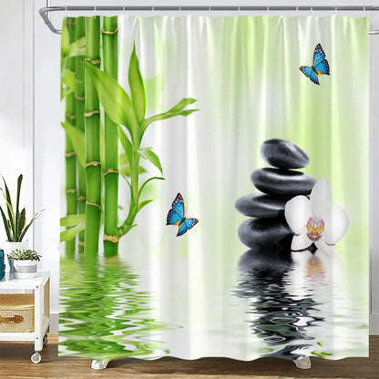 Zen Green Bamboo Shower Curtains Butterfly Orchid Black Stone