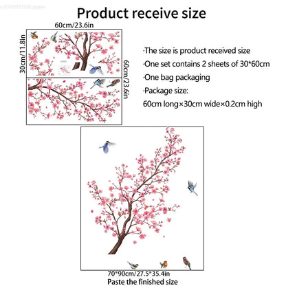 Wall Stickers Pink Plum Tree Birds Home Room Decoration