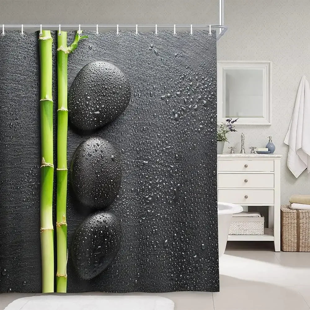 Spa Zen Garden Theme Stone and Green Bamboo on Black Shower Curtain Set